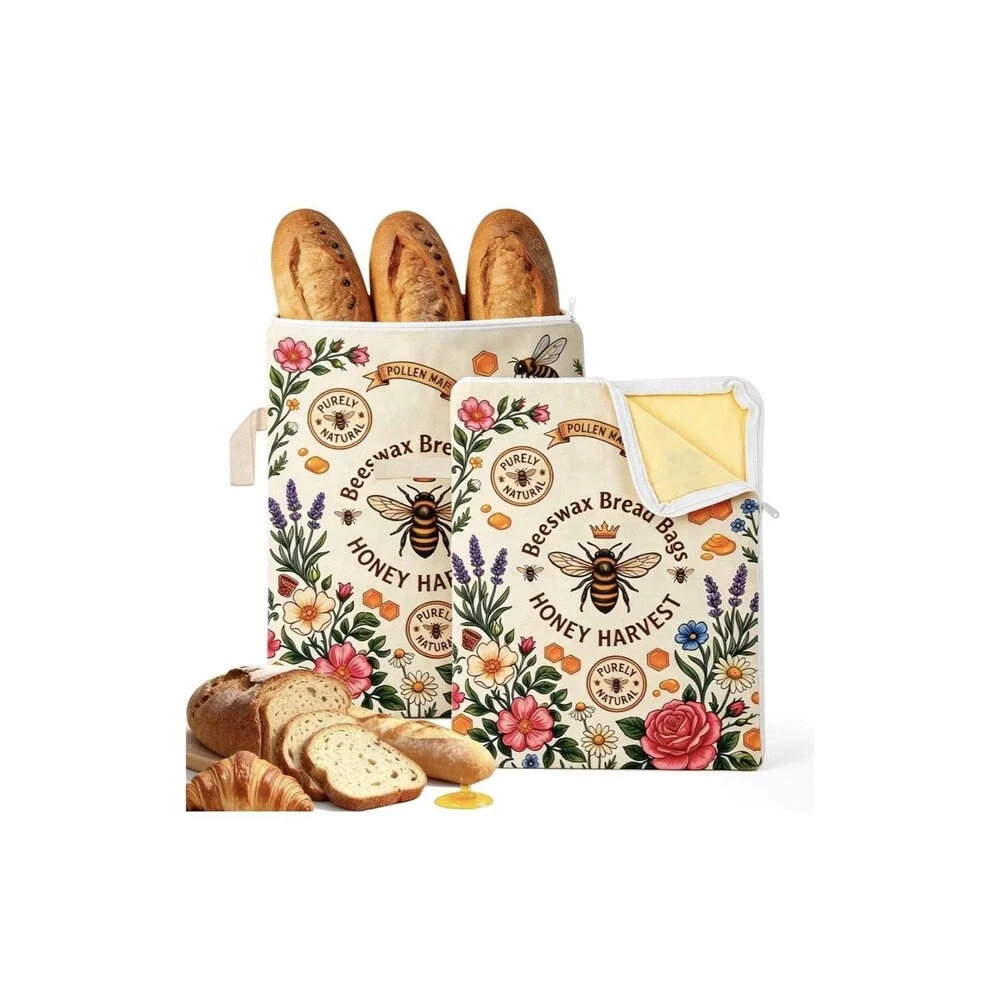 2 Pack Reusable Beeswax Bread Bags 13x17 Sourdough Storage Zip Linen Cotton